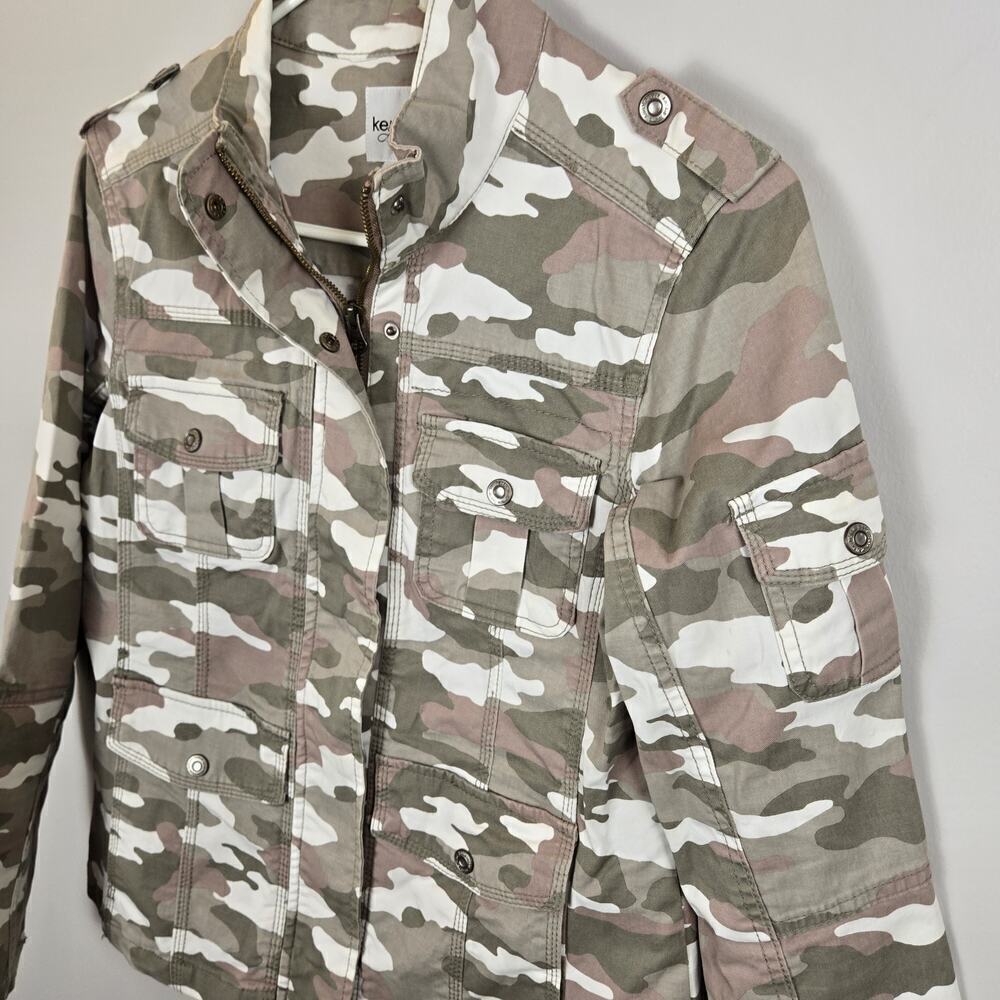 Kensie Jeans Jacket Size M Muted Camouflage Snap Button Up Full Zip Pockets NWOT